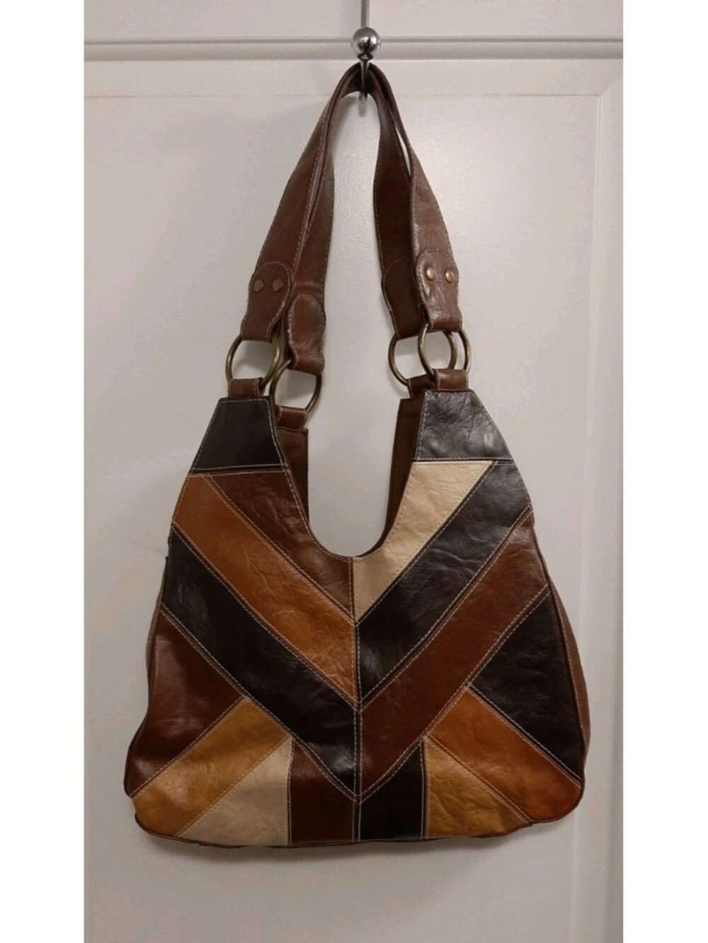 Vintage Bongo Patchwork Faux Leather Hobo Shoulder Bag Earth Brown Snap Closure